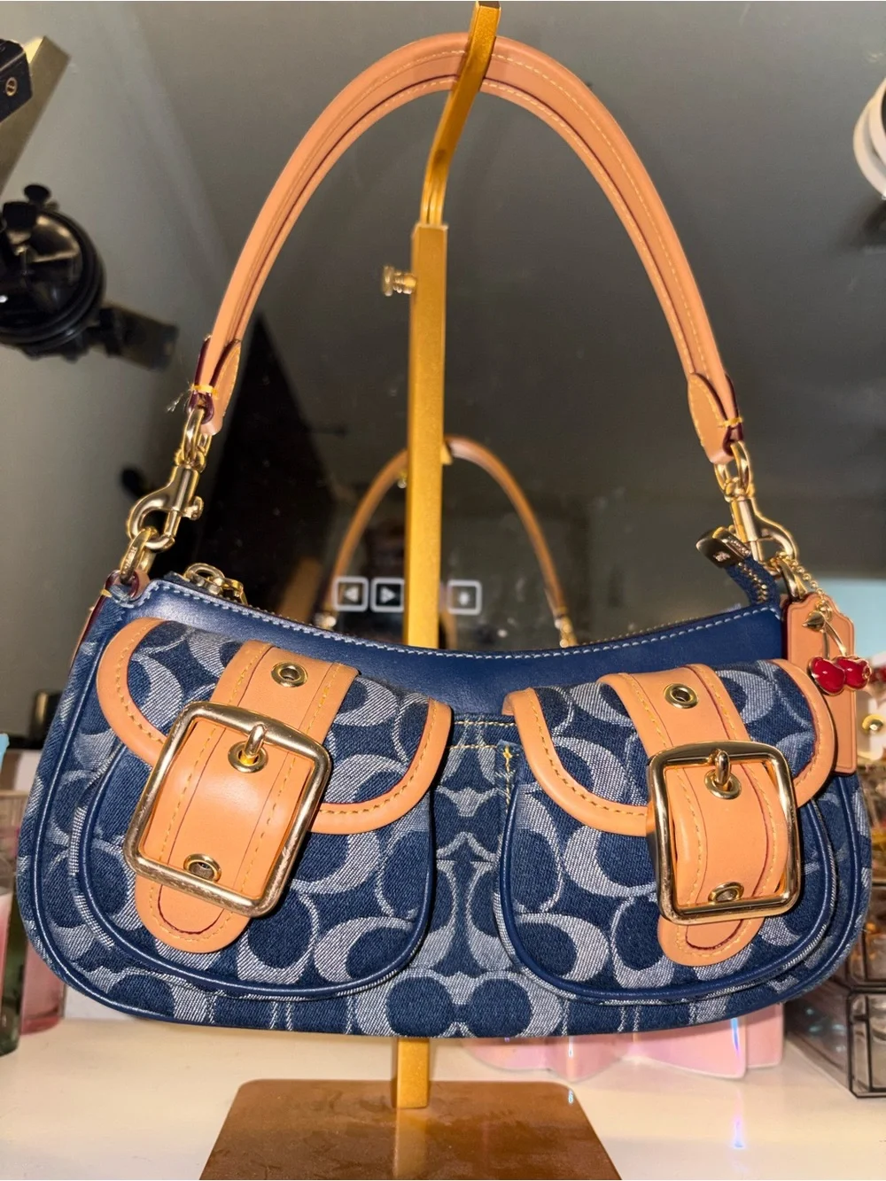 Blue Logo-Print Shoulder Bag with Tan Trim